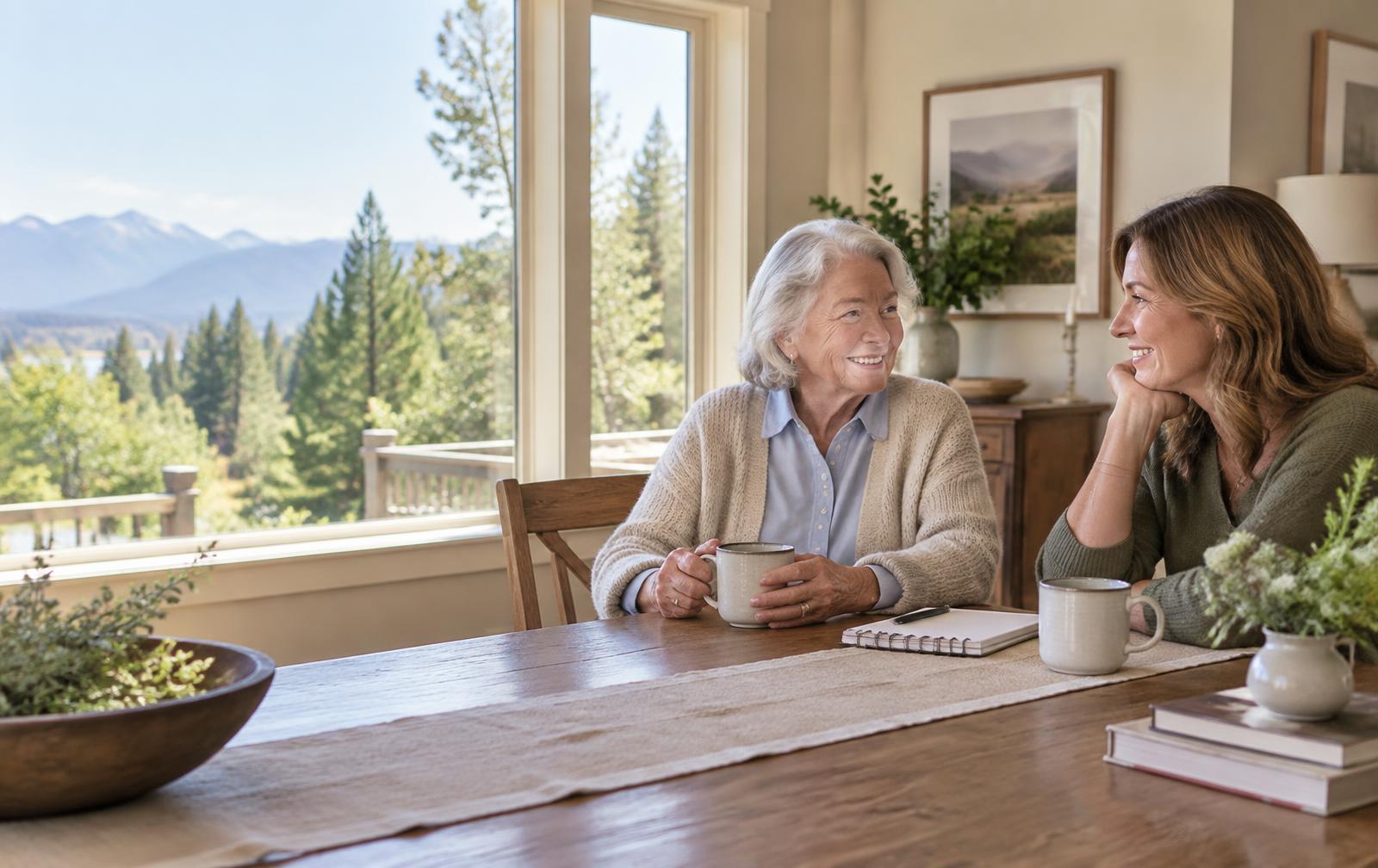 An older woman enjoying a conversation with her adult daughter at home
